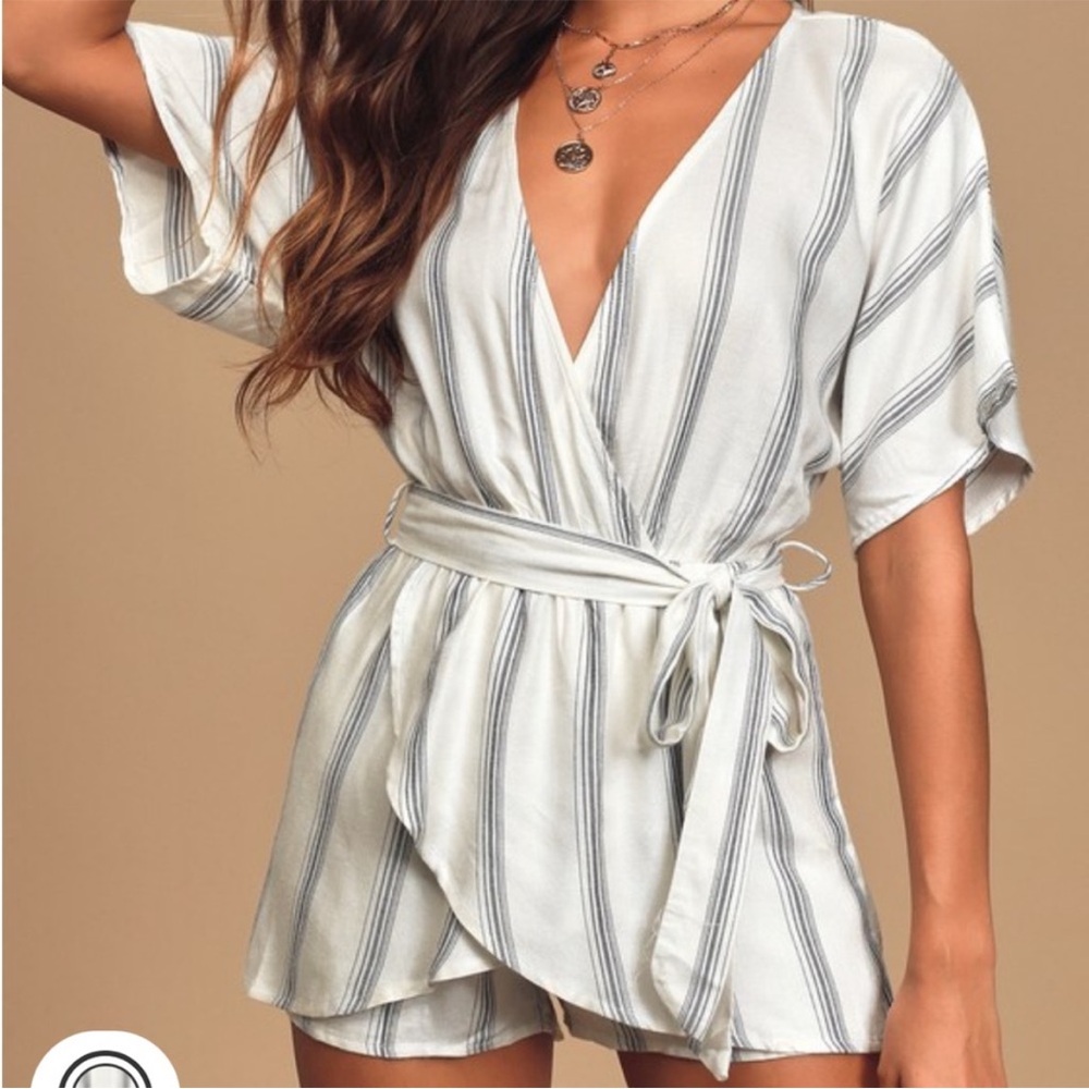 Climb Aboard Grey and White Striped Faux-Wrap Romper Size Small